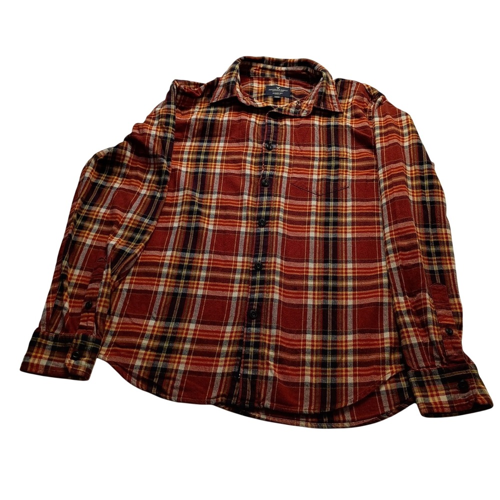 American Eagle Flannel Shirt Men's Classic Plaid Long Sleeve Medium Rust Brown L